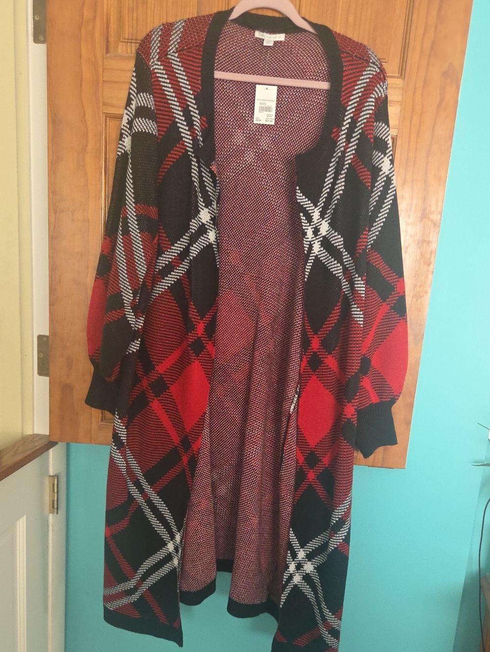 Cato Red & Black Plaid Open-Front Long Cardigan